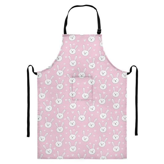 Pink Rabbit Pattern Print Bib Apron With Pocket