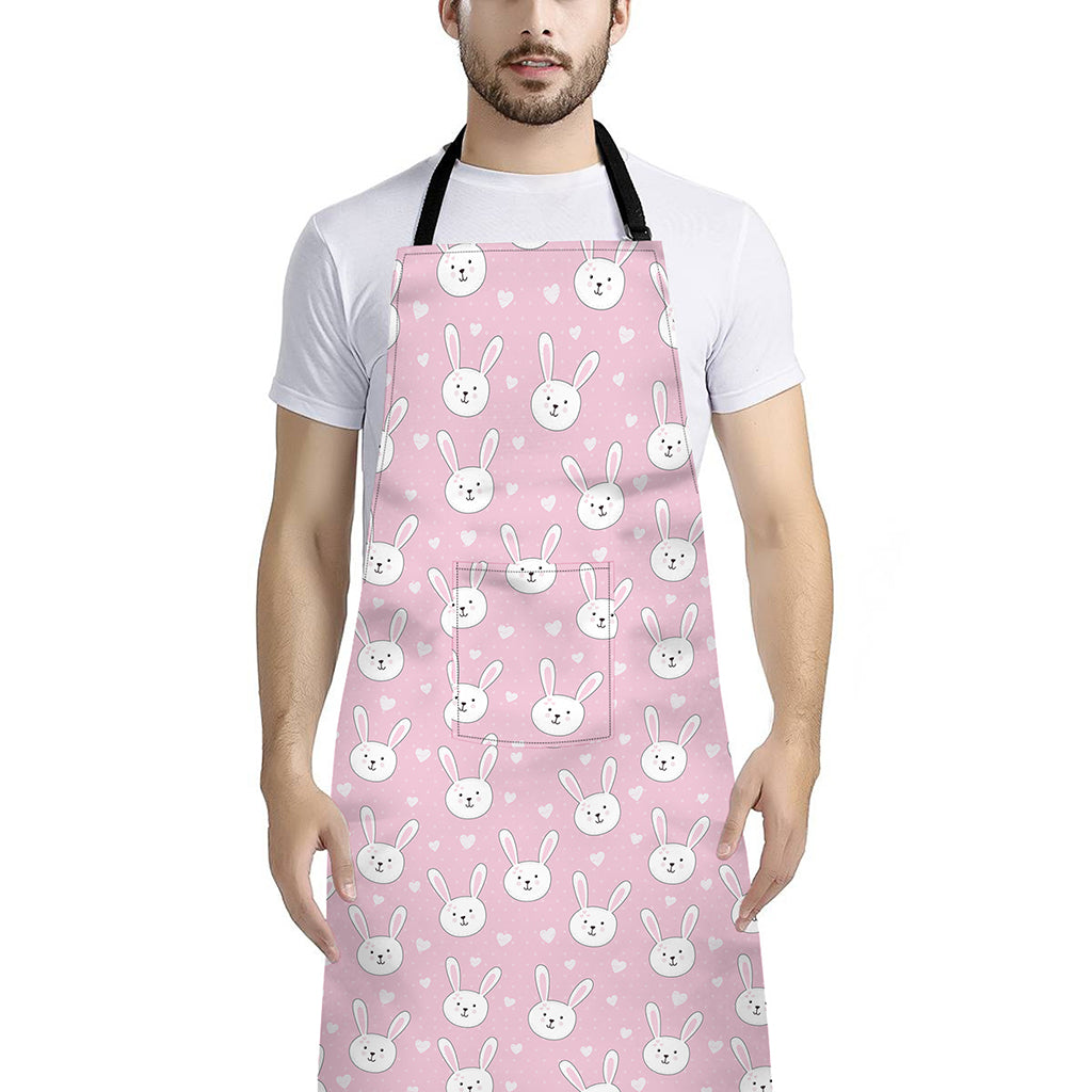 Pink Rabbit Pattern Print Bib Apron With Pocket
