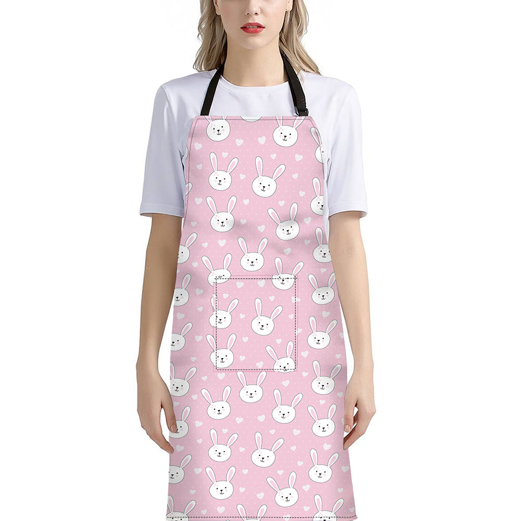 Pink Rabbit Pattern Print Bib Apron With Pocket