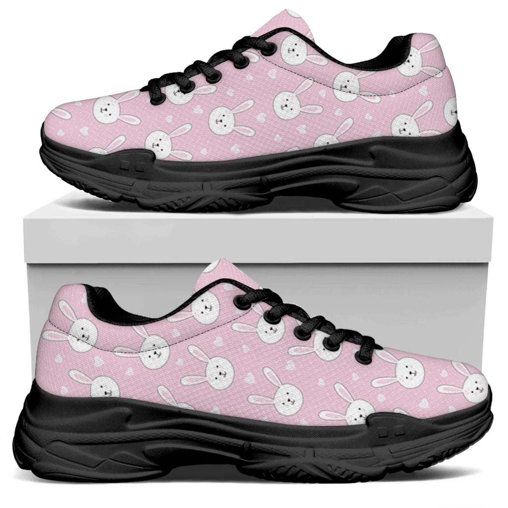 Pink Rabbit Pattern Print Black Chunky Shoes