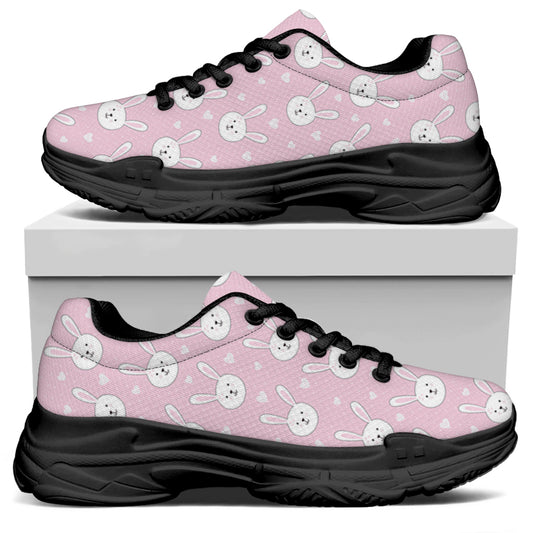 Pink Rabbit Pattern Print Black Chunky Shoes