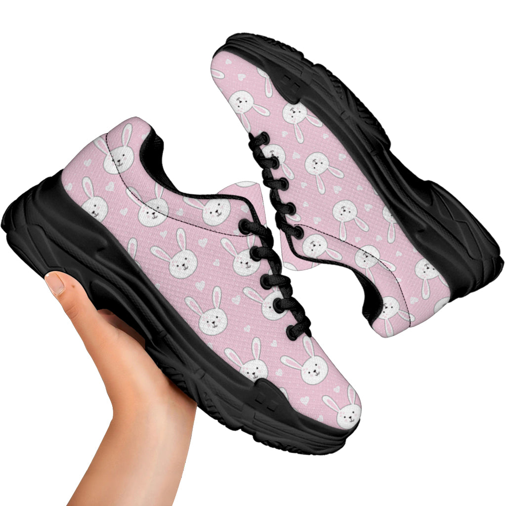 Pink Rabbit Pattern Print Black Chunky Shoes