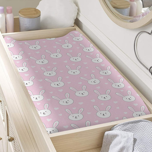 Pink Rabbit Pattern Print Changing Pad Cover