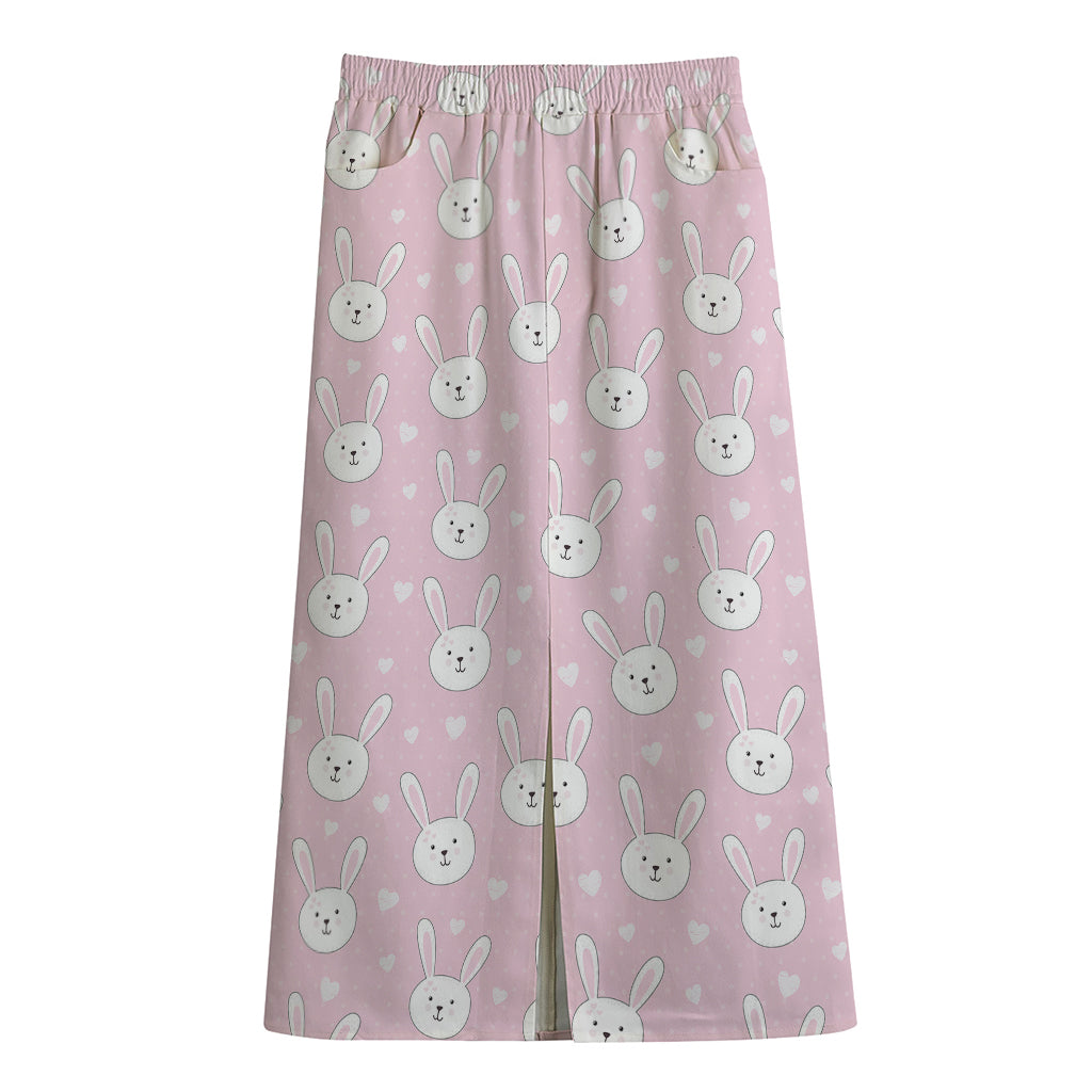 Pink Rabbit Pattern Print Cotton Front Slit Maxi Skirt