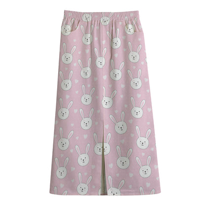 Pink Rabbit Pattern Print Cotton Front Slit Maxi Skirt