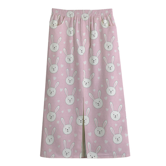Pink Rabbit Pattern Print Cotton Front Slit Maxi Skirt