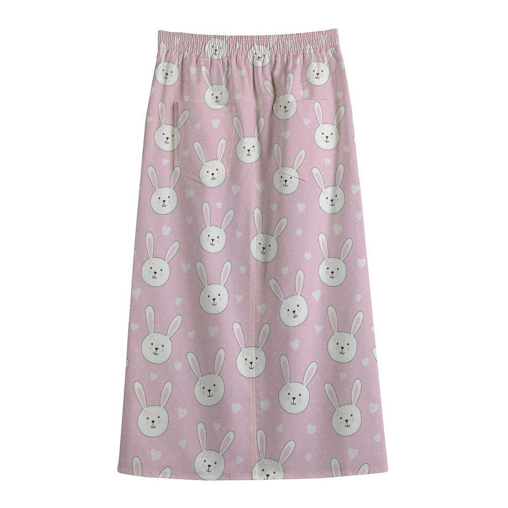 Pink Rabbit Pattern Print Cotton Front Slit Maxi Skirt