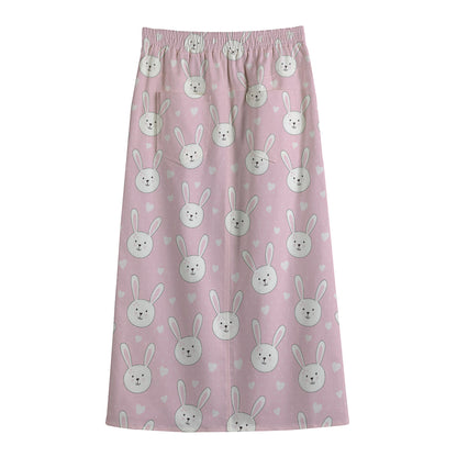 Pink Rabbit Pattern Print Cotton Front Slit Maxi Skirt