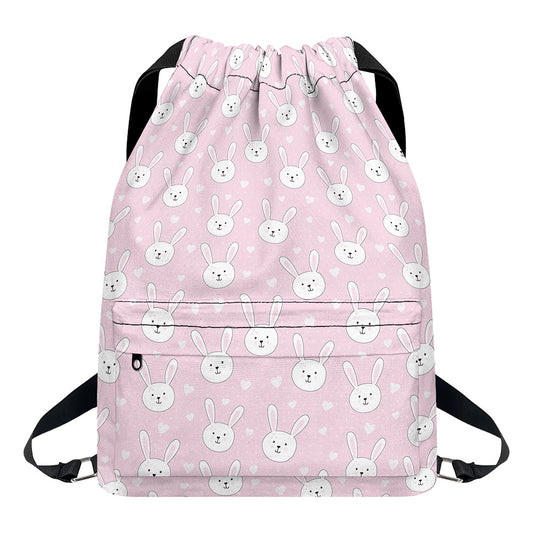 Pink Rabbit Pattern Print Drawstring Backpack