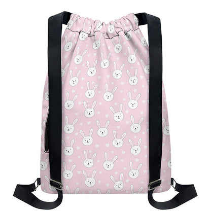 Pink Rabbit Pattern Print Drawstring Backpack
