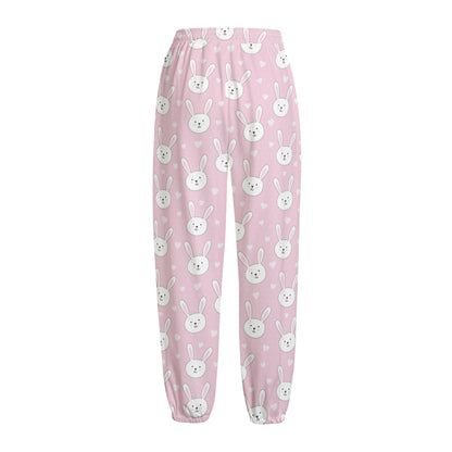Pink Rabbit Pattern Print Fleece Lined Knit Pants