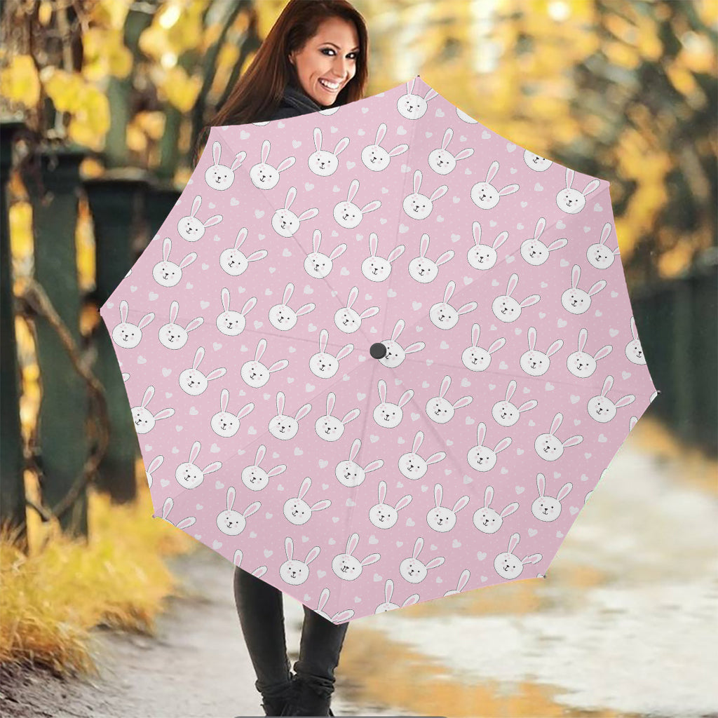 Pink Rabbit Pattern Print Foldable Umbrella