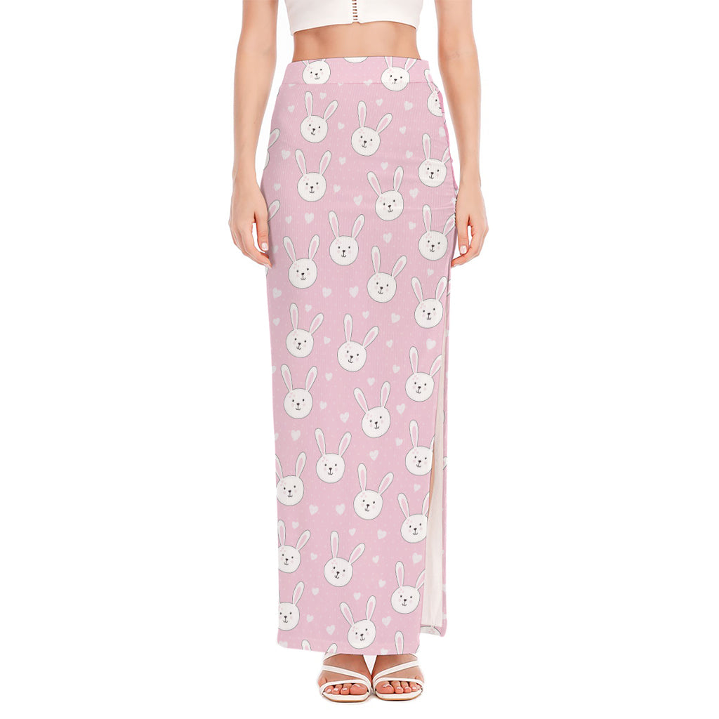 Pink Rabbit Pattern Print High Slit Maxi Skirt