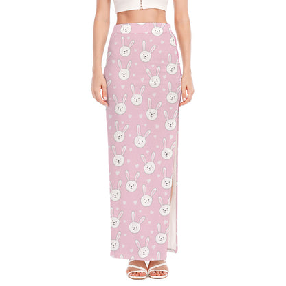 Pink Rabbit Pattern Print High Slit Maxi Skirt