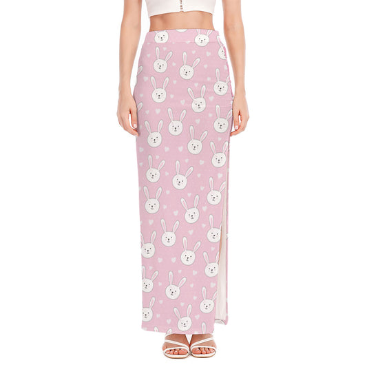 Pink Rabbit Pattern Print High Slit Maxi Skirt