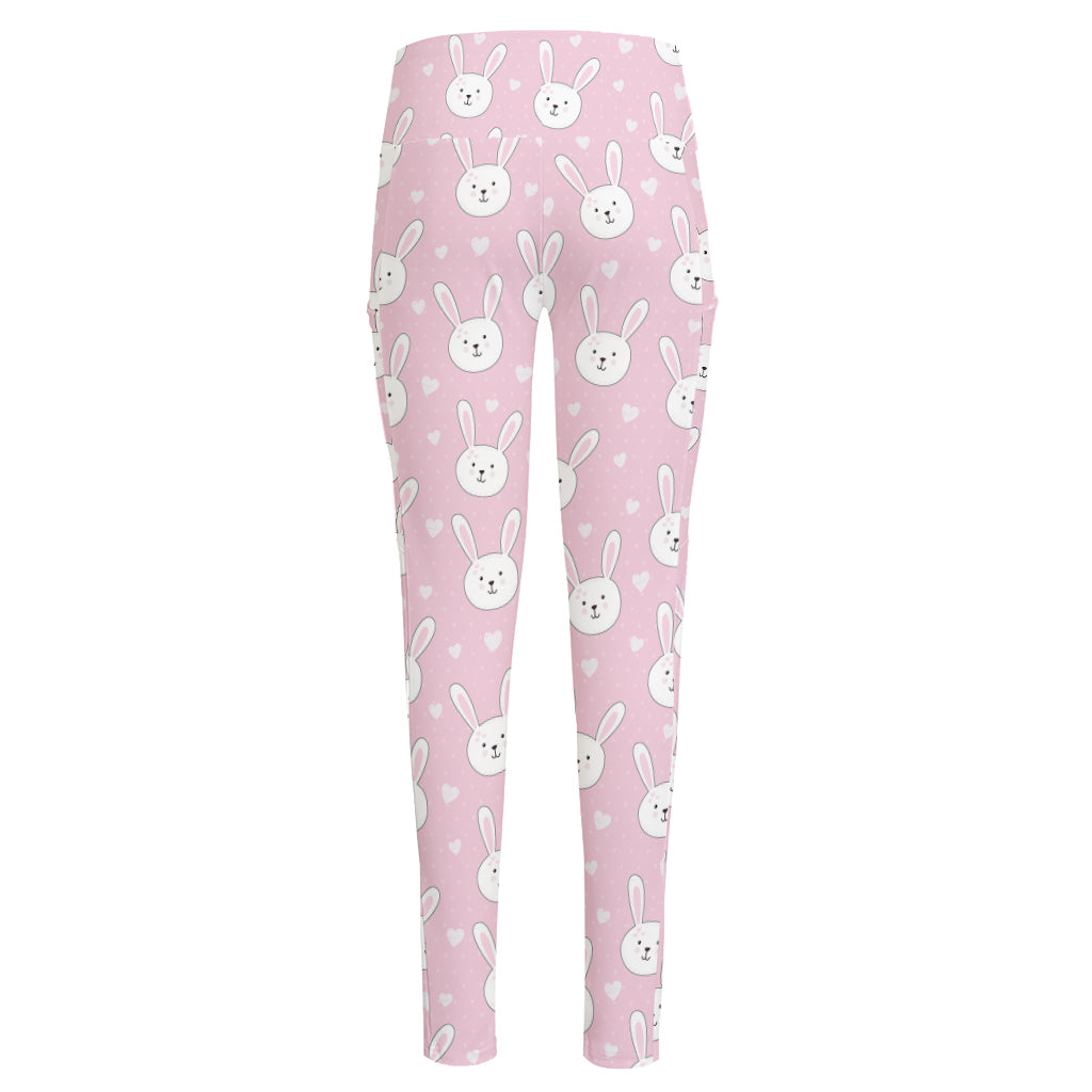 Pink Rabbit Pattern Print High-Waisted Pocket Leggings