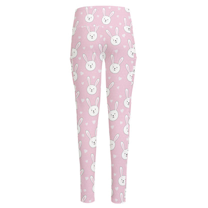 Pink Rabbit Pattern Print High-Waisted Pocket Leggings