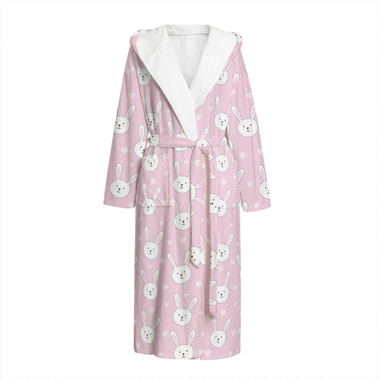 Pink Rabbit Pattern Print Hooded Bathrobe
