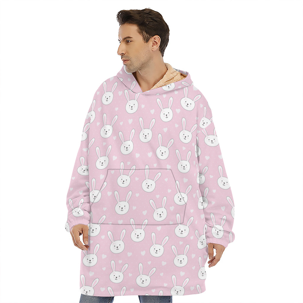 Pink Rabbit Pattern Print Hoodie Blanket