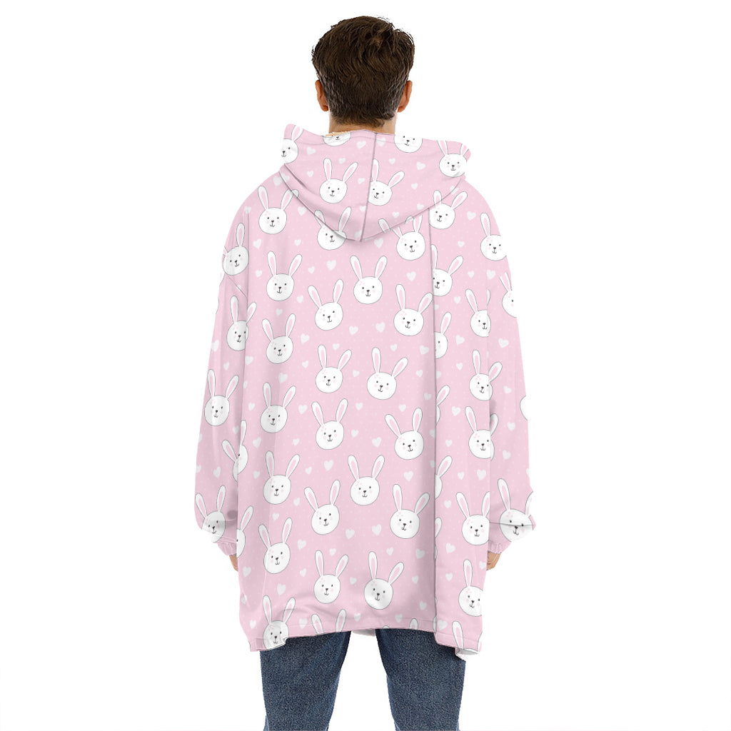 Pink Rabbit Pattern Print Hoodie Blanket
