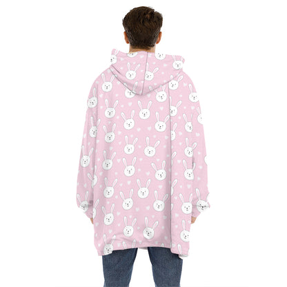 Pink Rabbit Pattern Print Hoodie Blanket