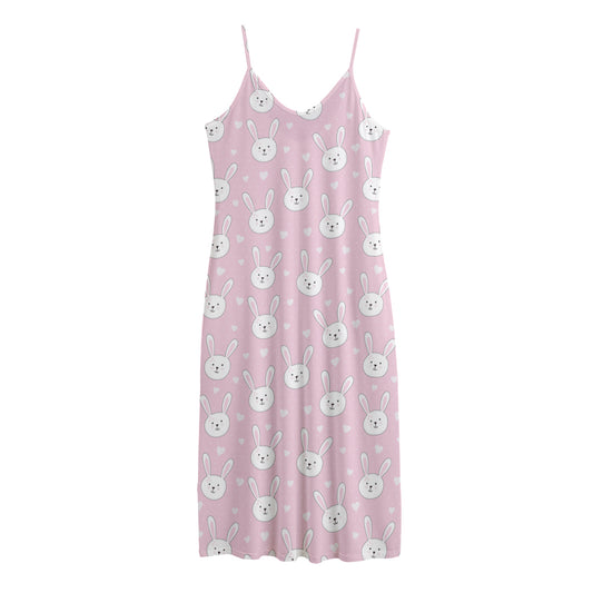 Pink Rabbit Pattern Print Jersey Midi Cami Dress