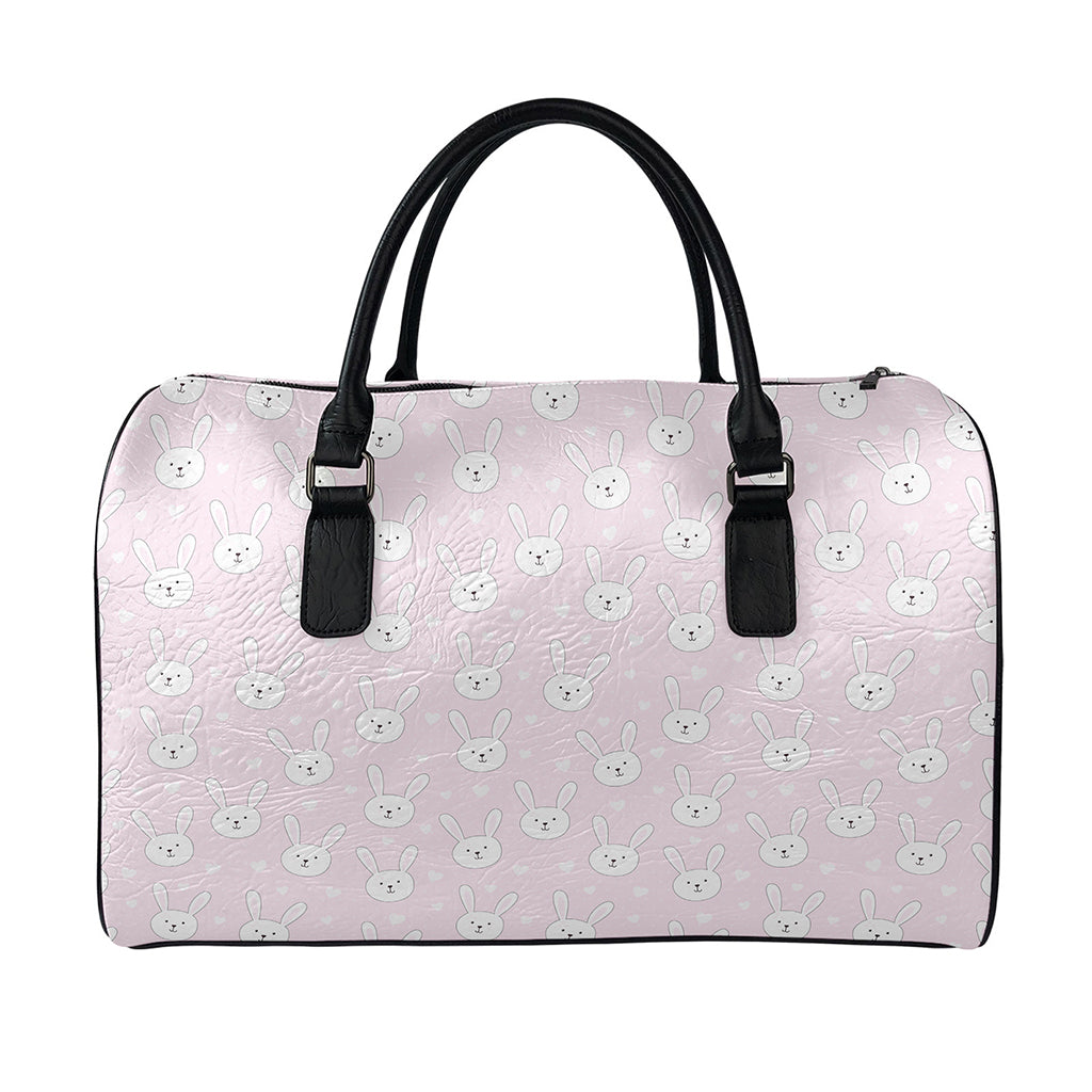 Pink Rabbit Pattern Print Leather Duffle Bag