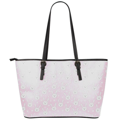 Pink Rabbit Pattern Print Leather Tote Bag