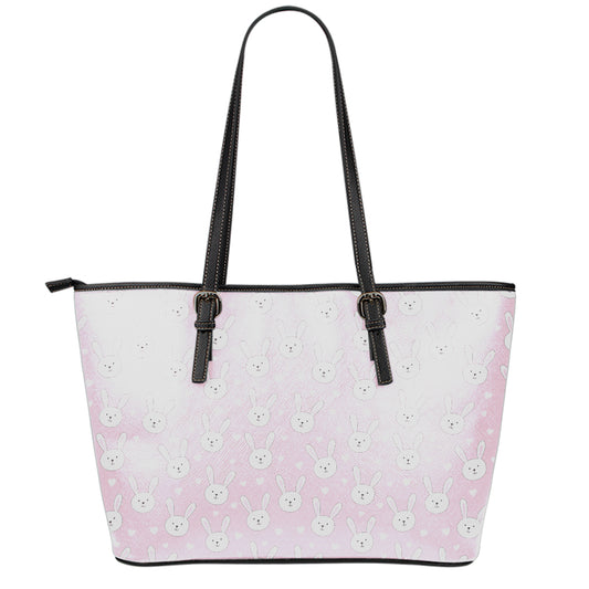Pink Rabbit Pattern Print Leather Tote Bag