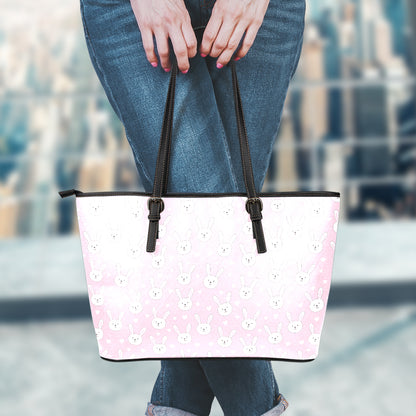 Pink Rabbit Pattern Print Leather Tote Bag