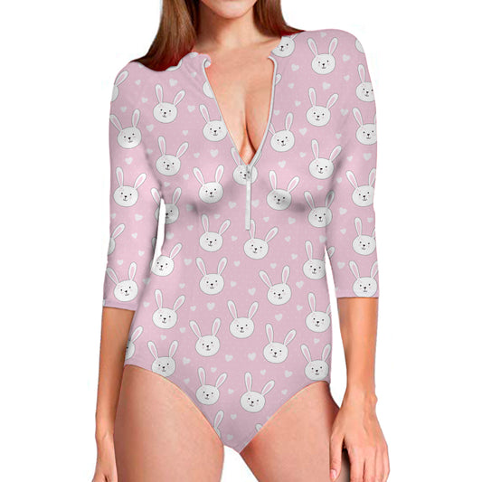 Pink Rabbit Pattern Print Long Sleeve Swimsuit