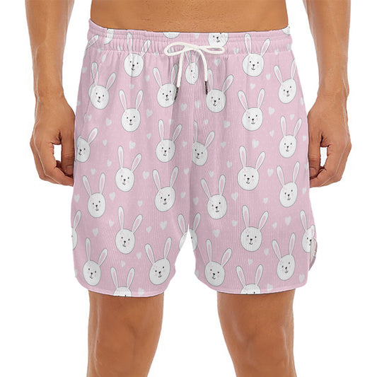 Pink Rabbit Pattern Print Men's Split Running Shorts