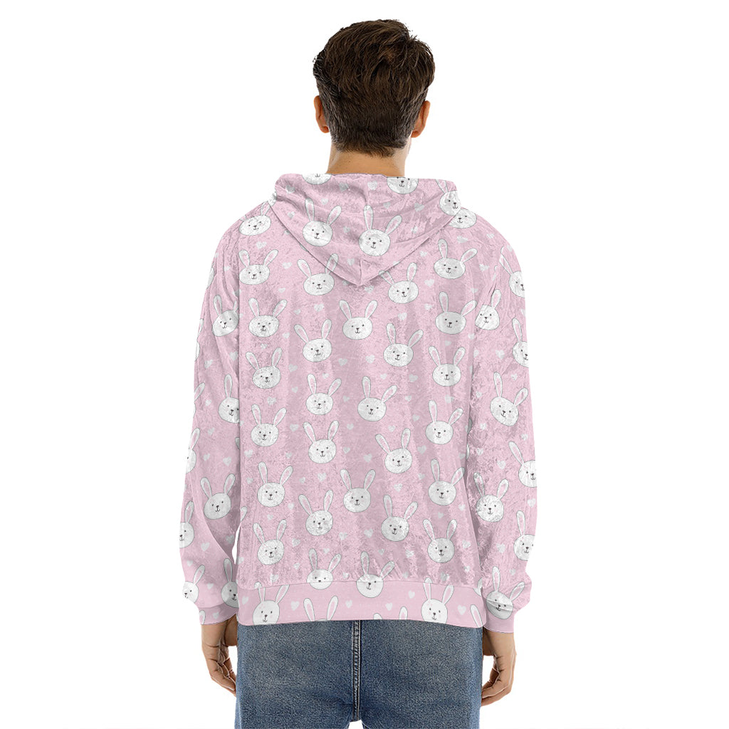 Pink Rabbit Pattern Print Men's Velvet Pullover Hoodie