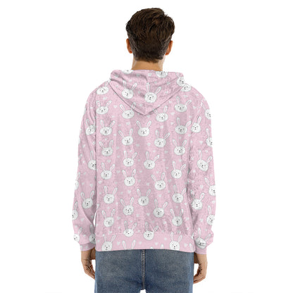Pink Rabbit Pattern Print Men's Velvet Pullover Hoodie