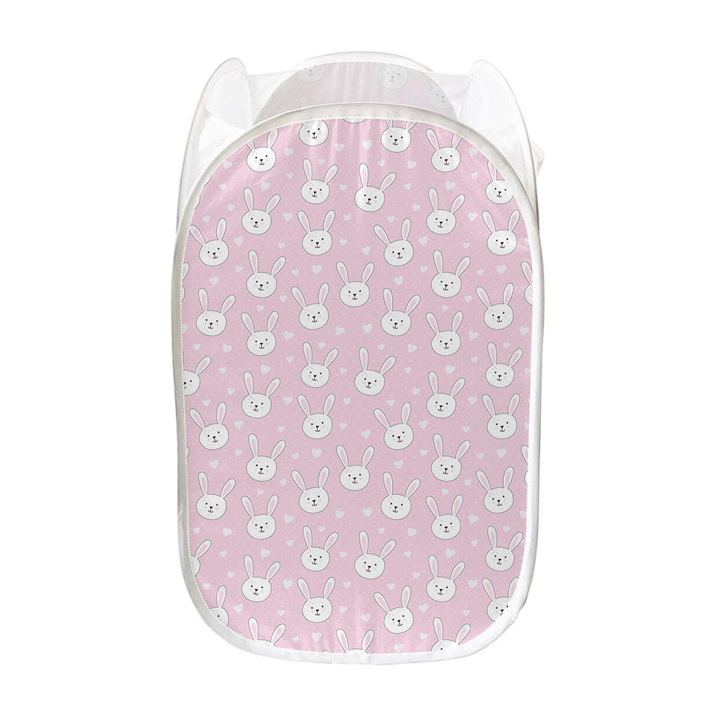Pink Rabbit Pattern Print Mesh Laundry Hamper