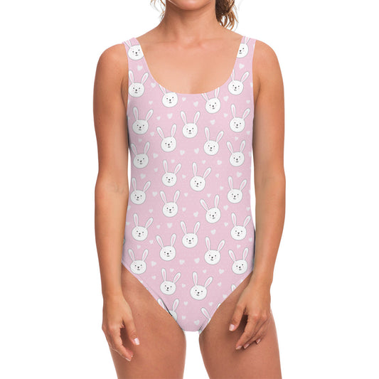 Pink Rabbit Pattern Print One Piece Swimsuit