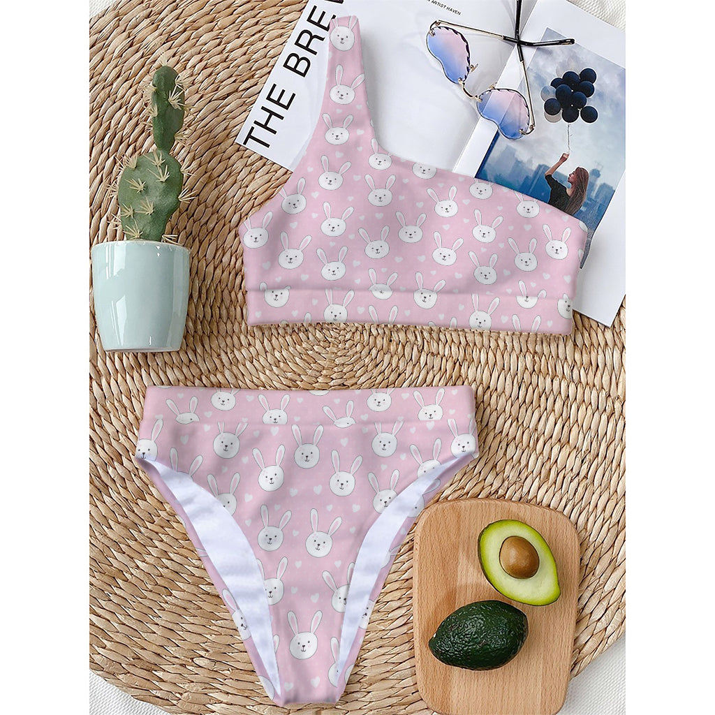 Pink Rabbit Pattern Print One Shoulder Bikini Top