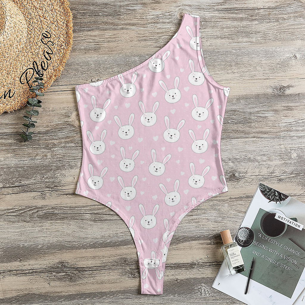 Pink Rabbit Pattern Print One Shoulder Bodysuit