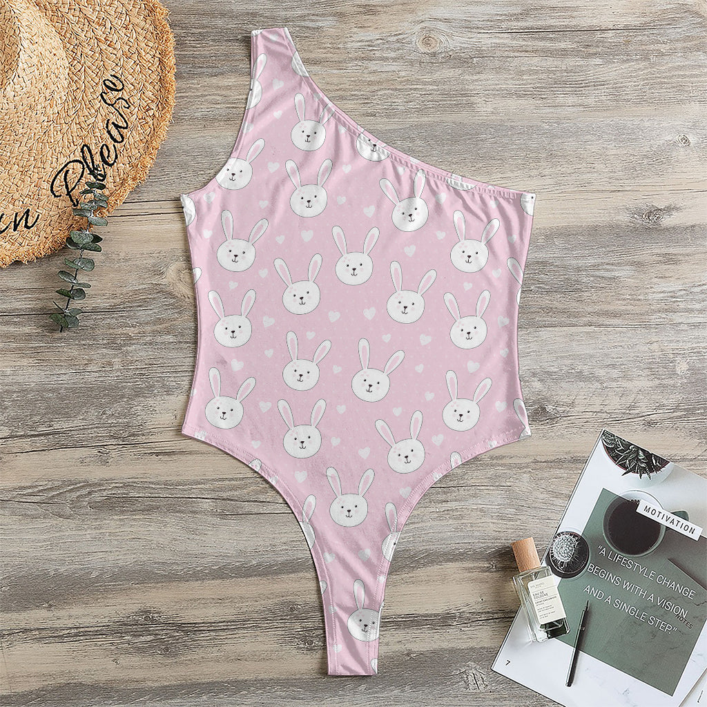 Pink Rabbit Pattern Print One Shoulder Bodysuit