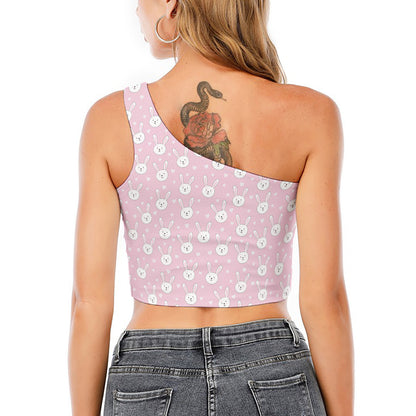 Pink Rabbit Pattern Print One Shoulder Crop Top