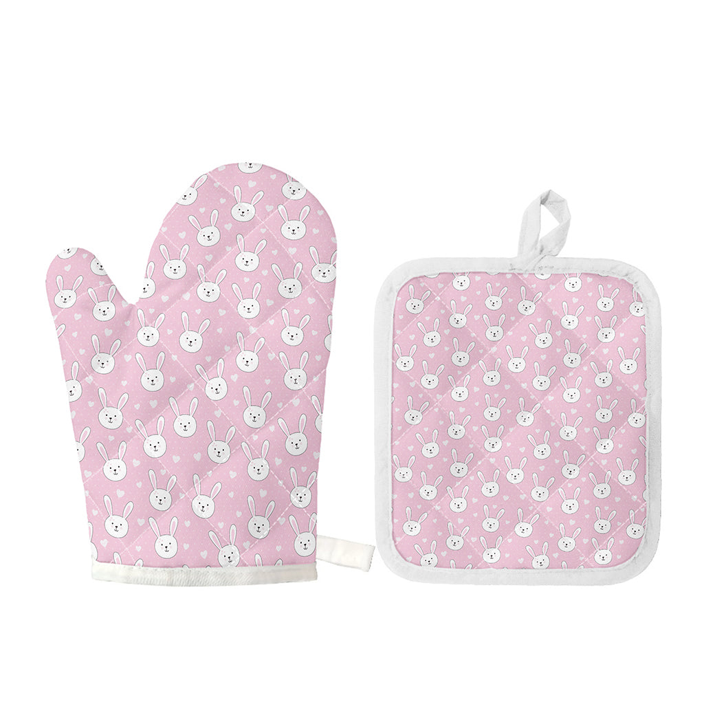 Pink Rabbit Pattern Print Oven Mitt And Pot Holder Set