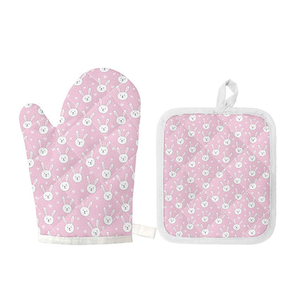 Pink Rabbit Pattern Print Oven Mitt And Pot Holder Set