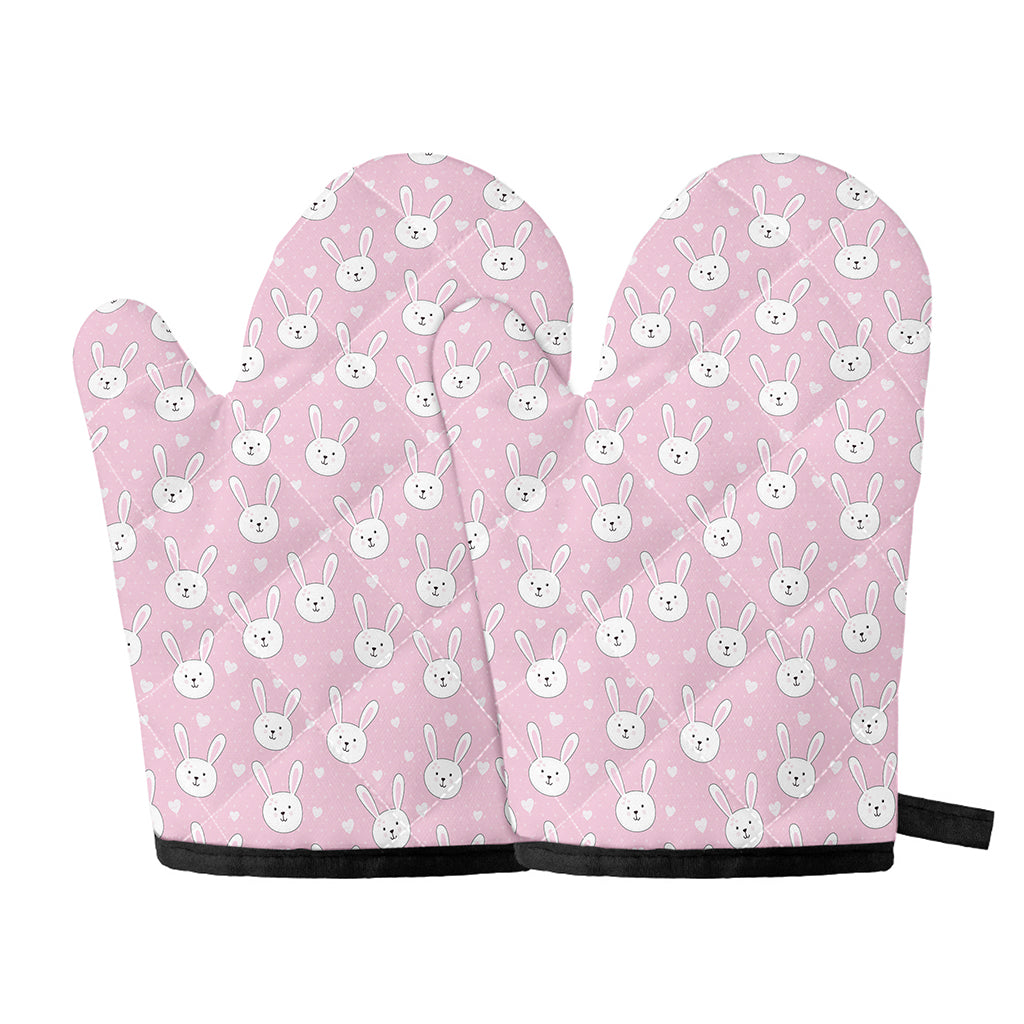 Pink Rabbit Pattern Print Oven Mitts