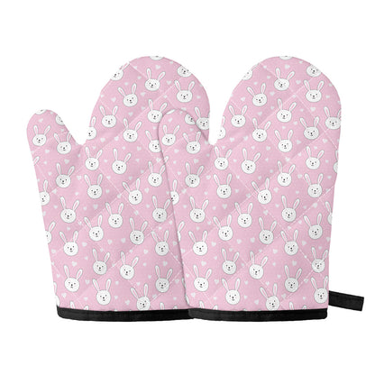 Pink Rabbit Pattern Print Oven Mitts
