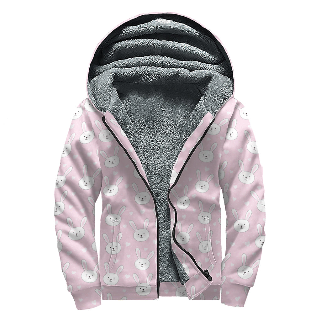 Pink Rabbit Pattern Print Sherpa Lined Zip Up Hoodie