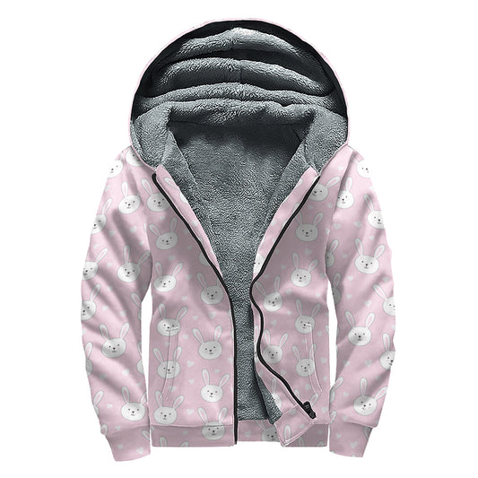 Pink Rabbit Pattern Print Sherpa Lined Zip Up Hoodie