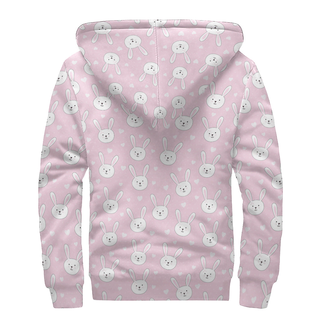 Pink Rabbit Pattern Print Sherpa Lined Zip Up Hoodie