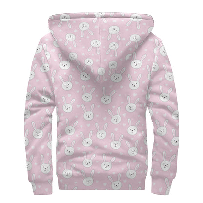 Pink Rabbit Pattern Print Sherpa Lined Zip Up Hoodie
