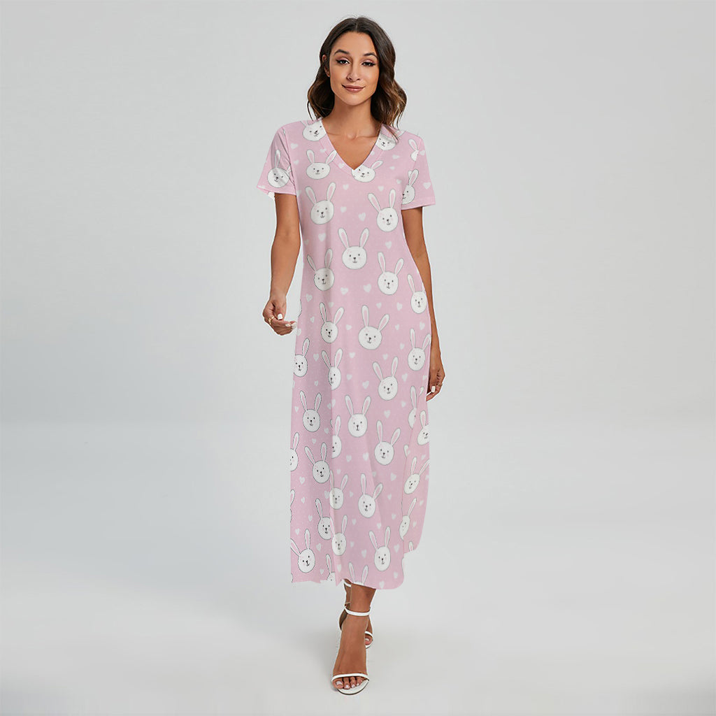 Pink Rabbit Pattern Print Short Sleeve Maxi Dress