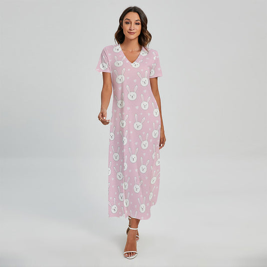 Pink Rabbit Pattern Print Short Sleeve Maxi Dress